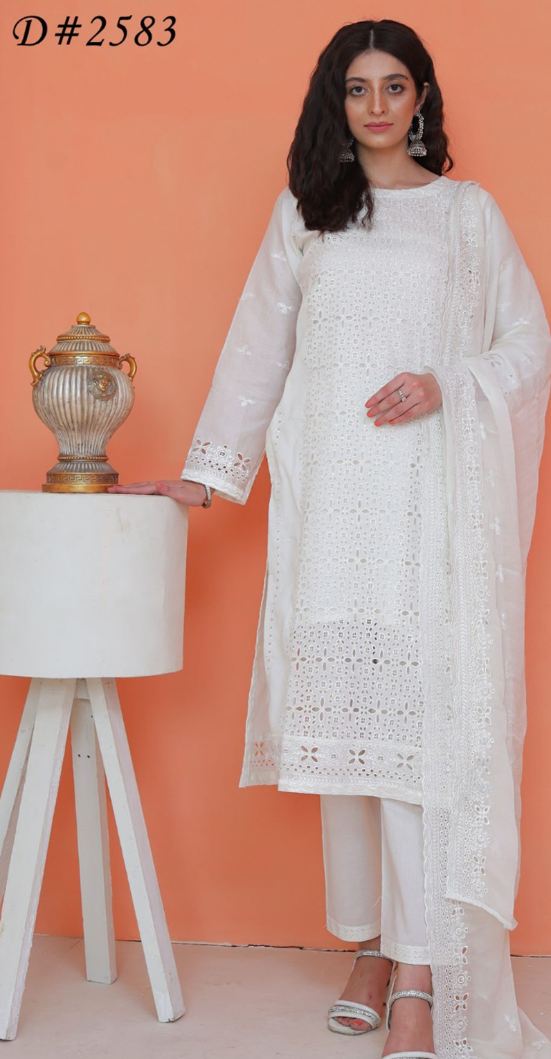 MOONLIGHT 3PC EMBROIDERED CHICKENKARI BOARING CUTWORK LAWN VOL-10-2583