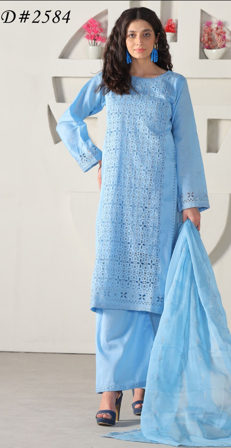 MOONLIGHT 3PC EMBROIDRED CHICKEN KARI BOARING CUTWORK LAWN VOL-10-2584