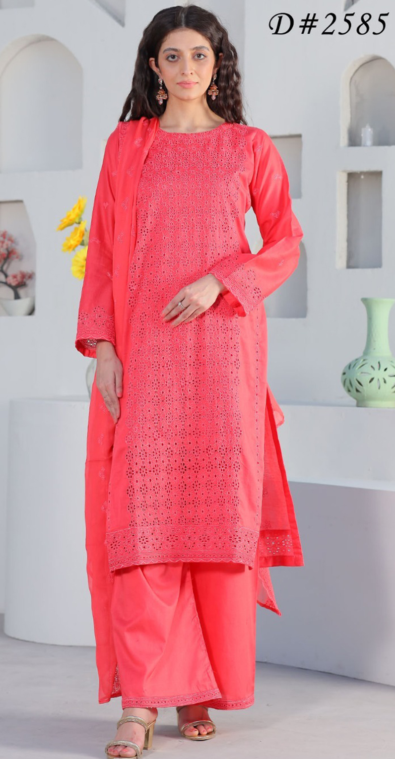 MOONLIGHT 3PC EMBROIDRED CHICKEN KARI BOARING CUTWORK LAWN VOL-10-2585