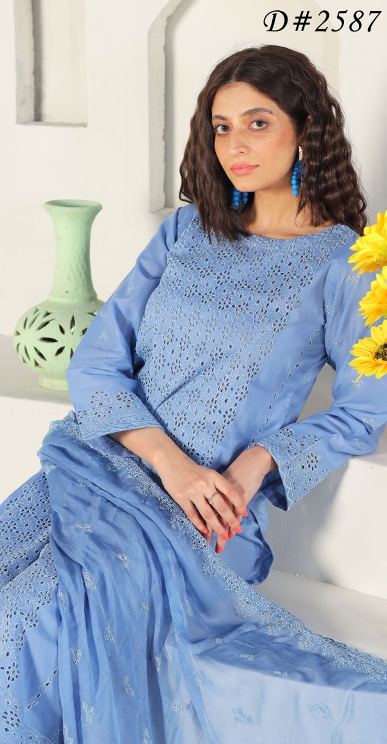 MOONLIGHT 3PC EMBROIDRED CHICKEN KARI BOARING CUTWORK LAWN VOL-10-2587