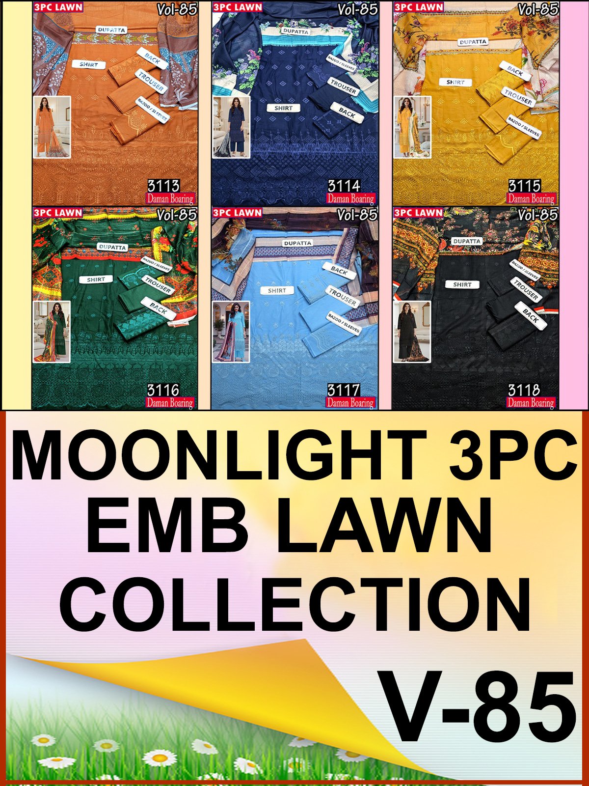 MOONLIGHT 3PC EMBR LAWN DAMAN BOARING DESIGNER VOL-85-Set Of 6 Dresses