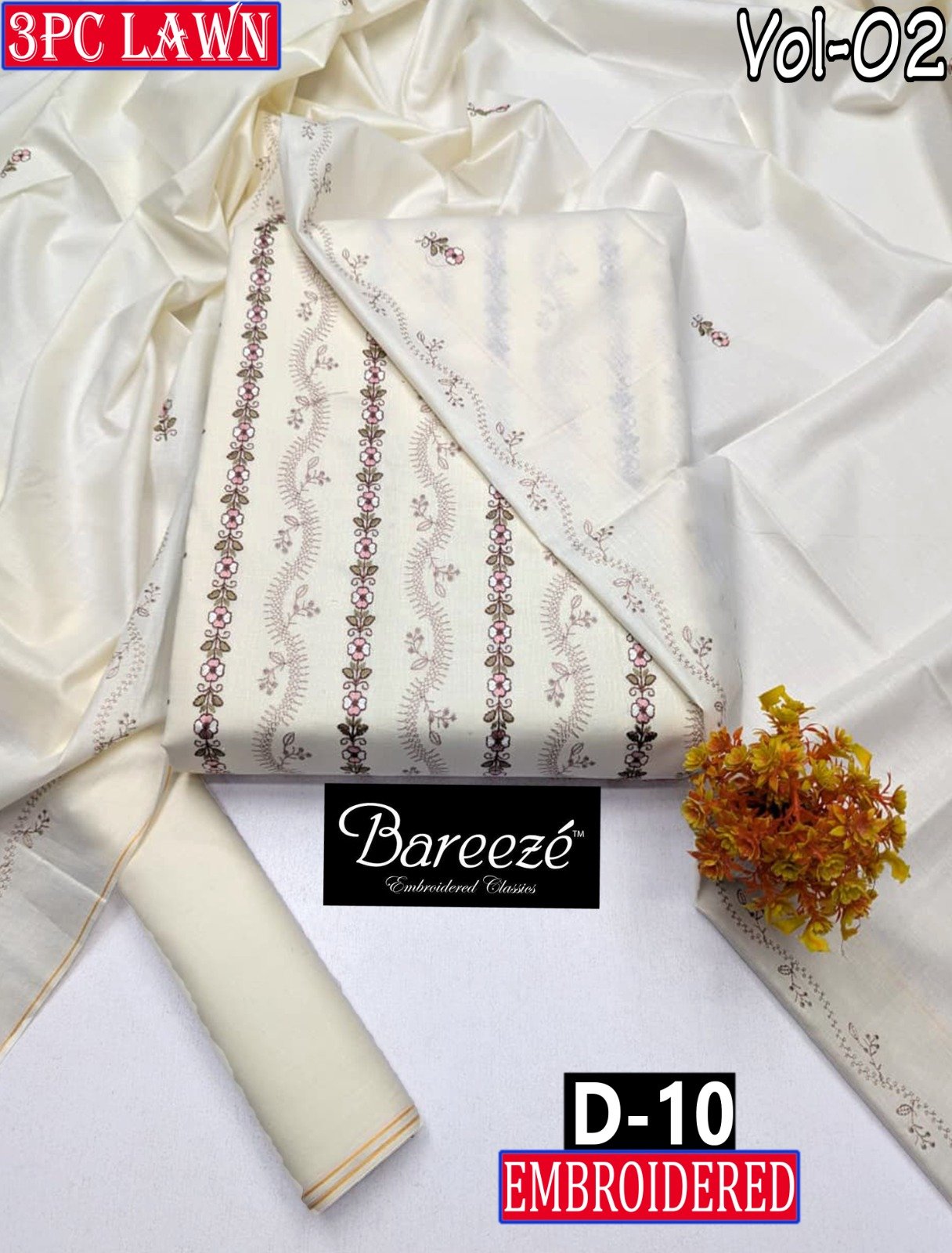 BAREEZE 3PC LAWN EMBROIDERED COLLECTION