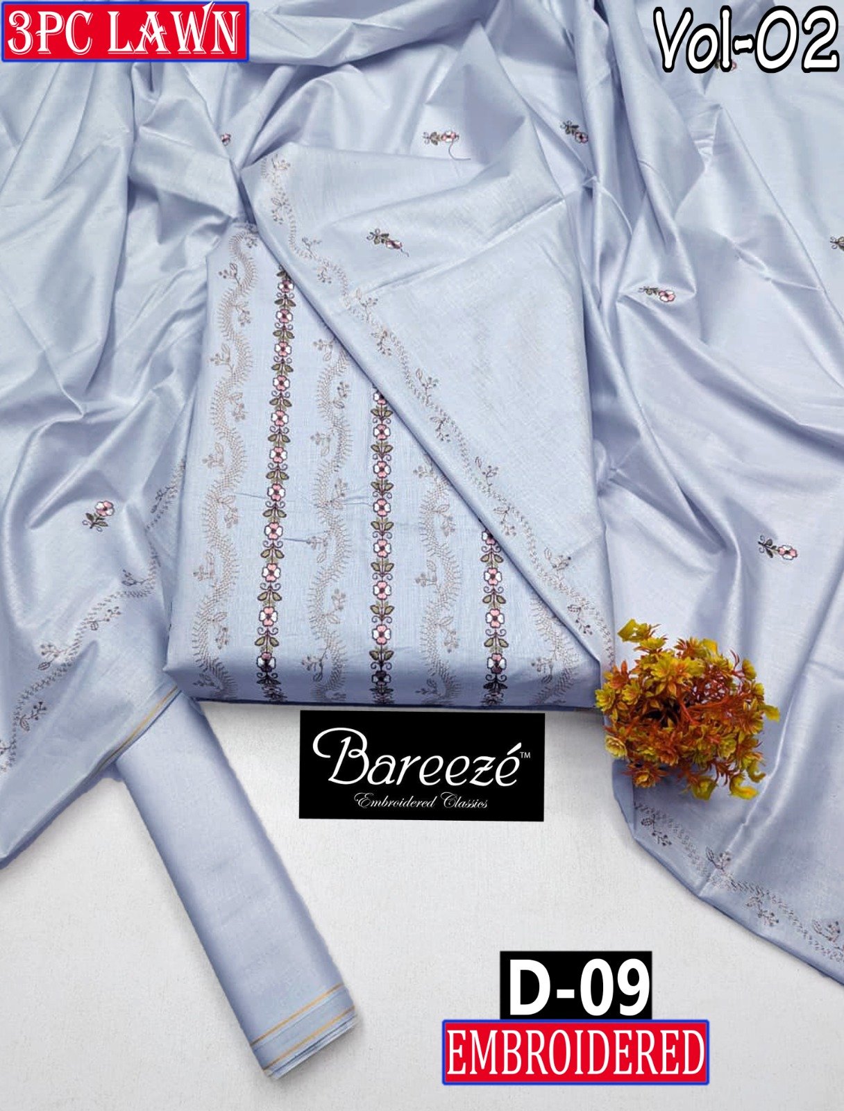 BAREEZE 3PC LAWN EMBROIDERED COLLECTION