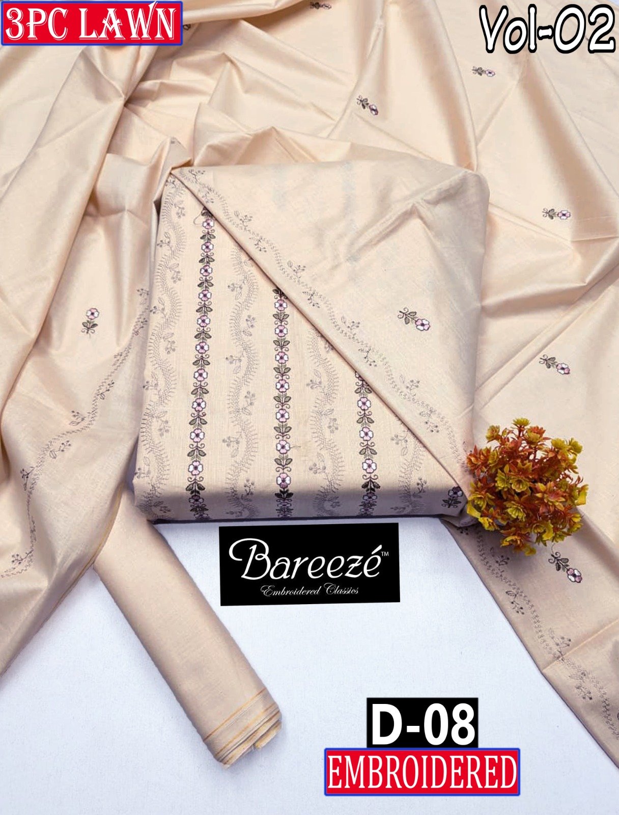 BAREEZE 3PC LAWN EMBROIDERED COLLECTION
