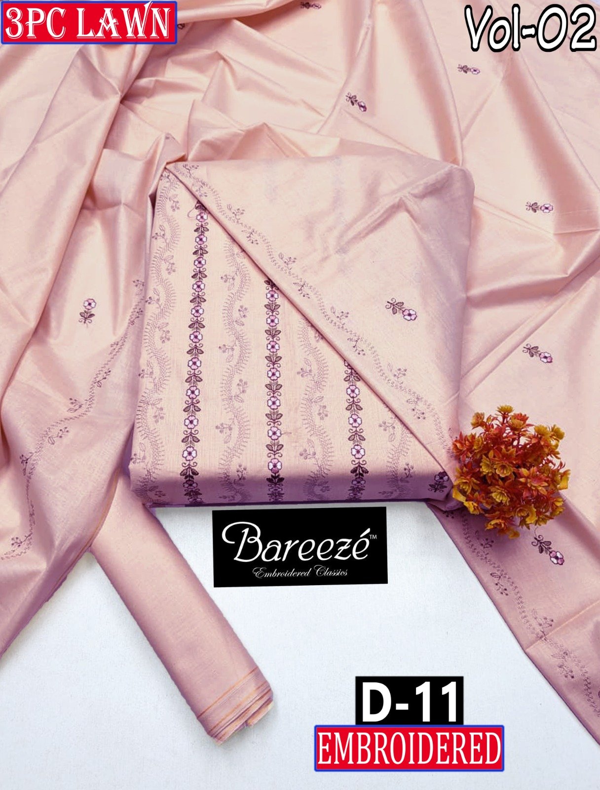 BAREEZE 3PC LAWN EMBROIDERED COLLECTION