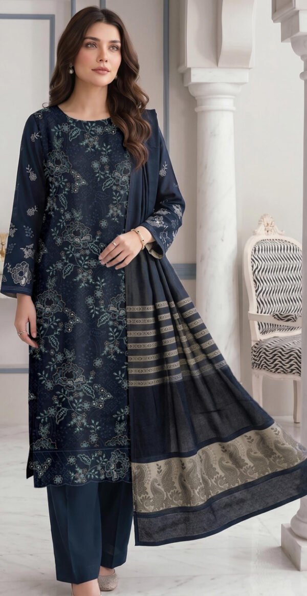 DHANAK 3PC EMBROIDERED SEQUIN MINAHIL ZAREEN JACQUARD WOOL SHAWL DESIGNER VOL-265-D-741