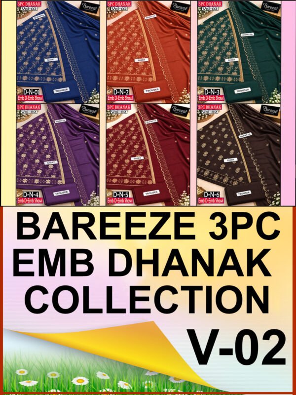 BAREEZE 3PC DHANAK EMBROIDERED DESIGNER COLLECTION VOL-02-Set Of 06 Dresses