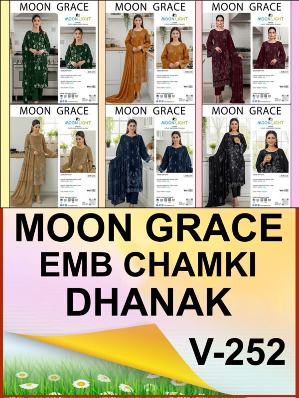 MOON GRACE 3PC EMBROIDERED SEQUIN BOARING CHAMKI DHANAK VOL-252-Set Of 05 Dresses