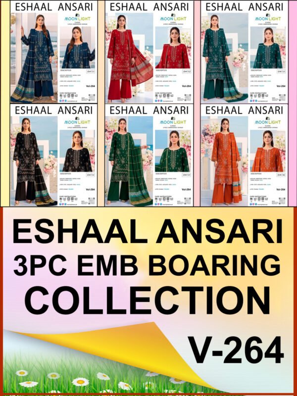 DHANAK 3PC BOARING WORK ESHAAL ANSARI SEQUIN DAMAN DESIGNER VOL-264-Set Of 06 Dresses