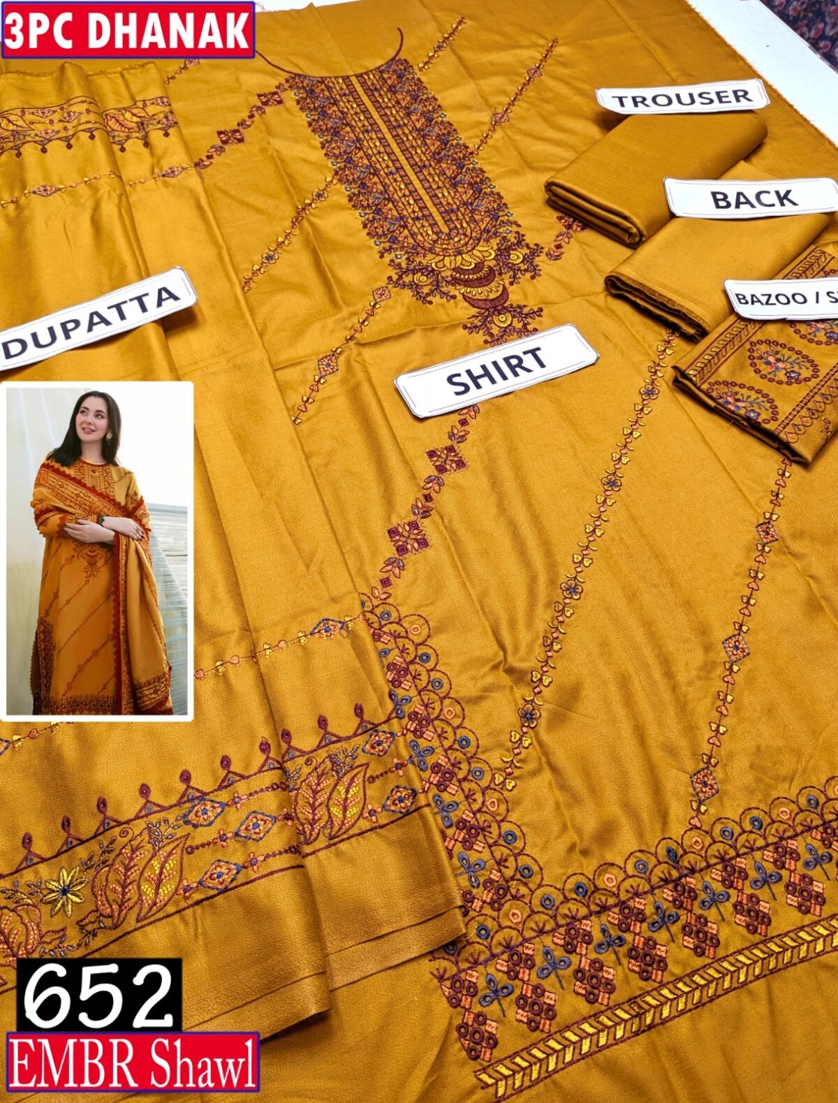 MIX BRANDS 3PC EMBROIDERED LUXURY DESIGNER DHANAK VOL-01-D#652