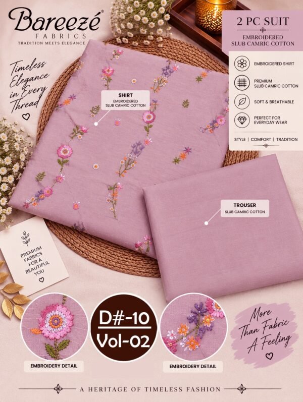 BAREEZE 2PC EMBROIDERED SLUB CAMBRIC COTTON COLLECTION VOL-02-D#-10