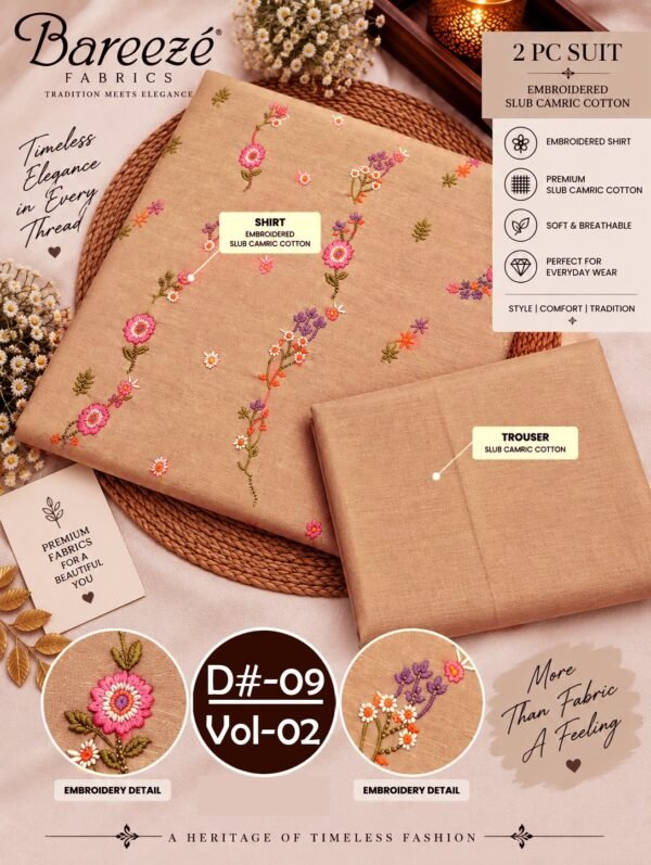 BAREEZE 2PC EMBROIDERED SLUB CAMBRIC COTTON COLLECTION VOL-02-D#-09