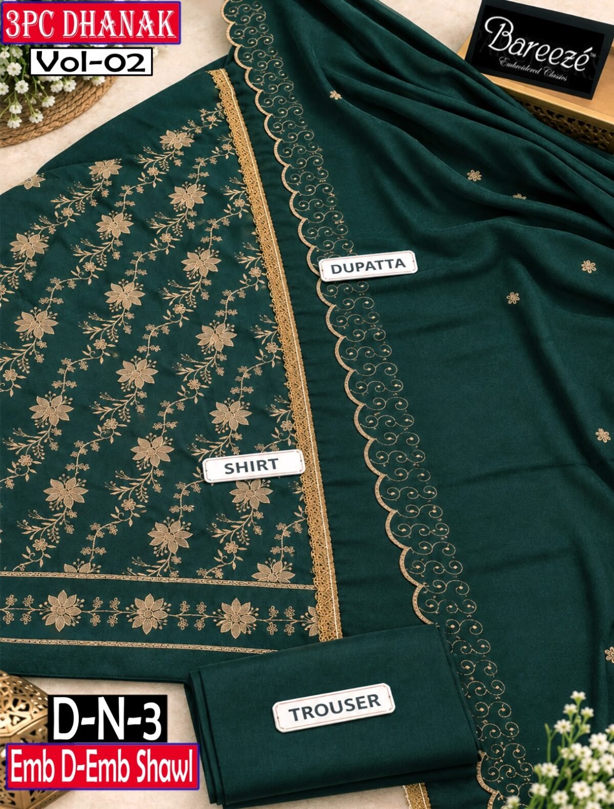 BAREEZE 3PC DHANAK EMBROIDERED DESIGNER COLLECTION VOL-02-D-N-3