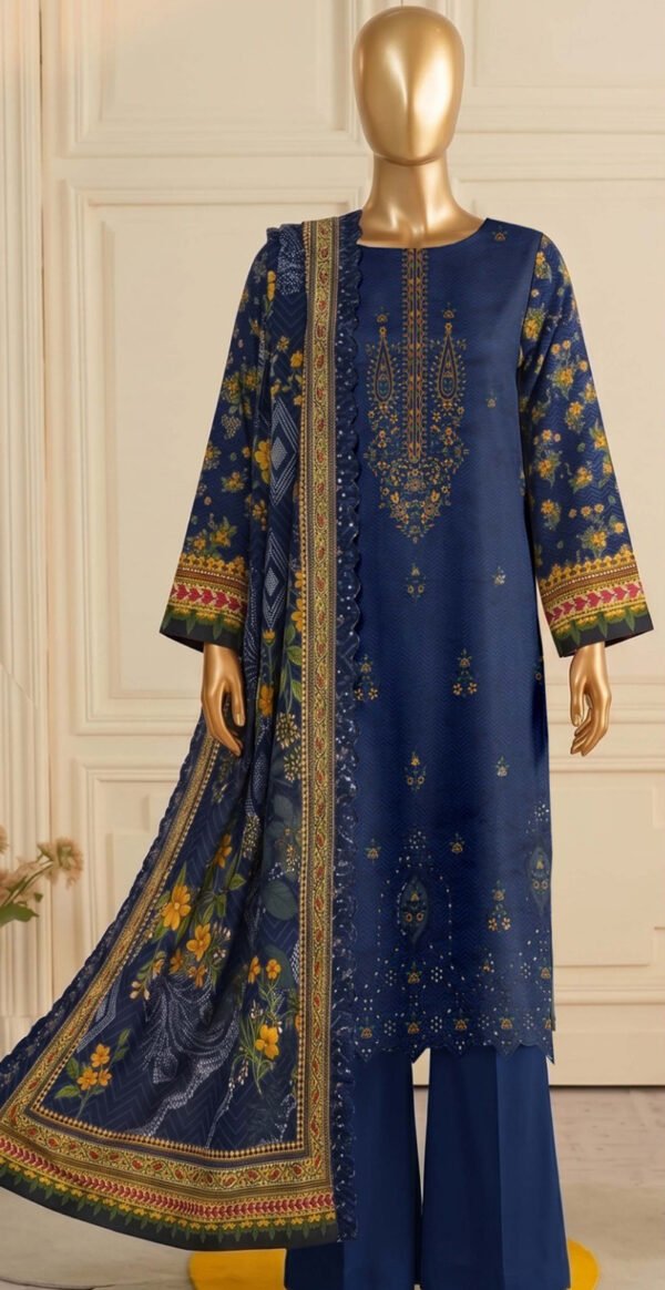 BIN SAEED 3PC EMBR SEQUIN APLIC WORK BOARING DIGITAL PRINTED LINEN CUTWORK VOL-266-D-756