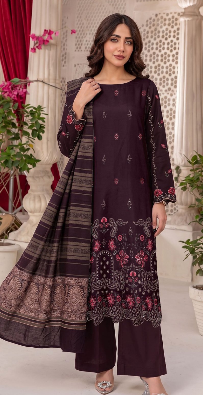 SLUB DHANAK 3PC RUKHAY SUKHAN SEQUIN BORING EMBROIDERED JACQUARD SHAWL VOL-303-D-936