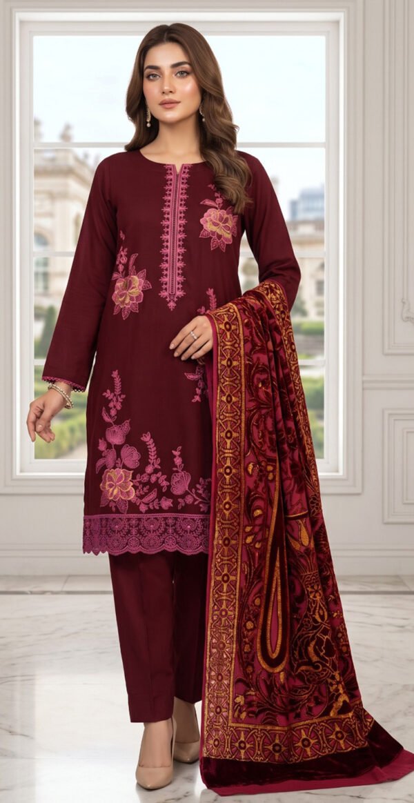 CHAMKI VELVET DHANAK 3PC CHAMBELI SEQUIN BORING EMBROIDEREY PALACHI SHAWL VOL-322-D-1044