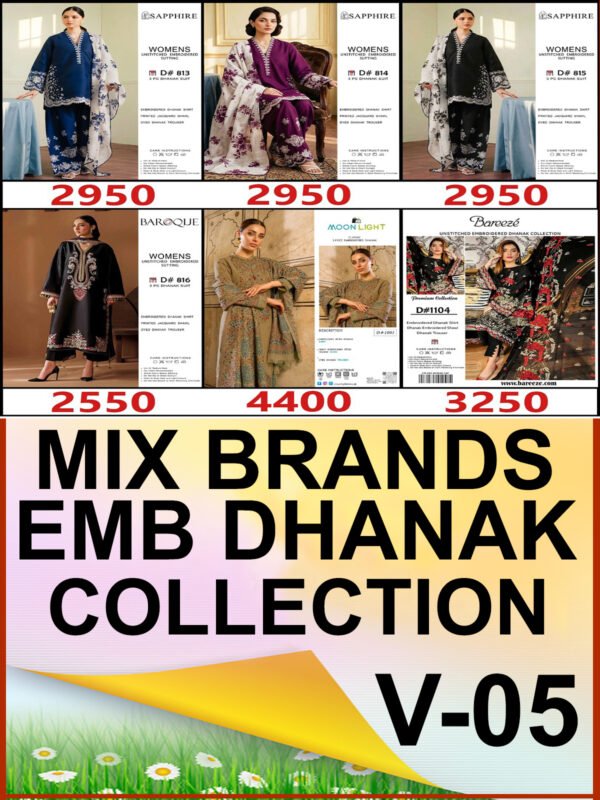 MIX BRANDS 3PC EMBROIDERED DHANAK DESIGNER COLLECTION VOL-05-Set Of 06 Dresses