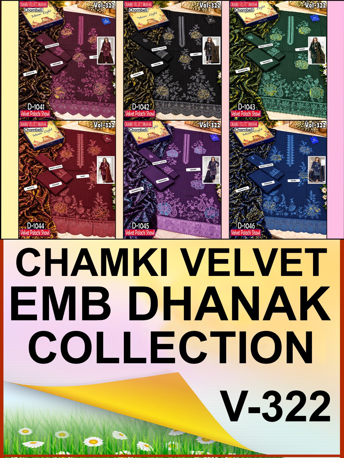 CHAMKI VELVET DHANAK 3PC CHAMBELI SEQUIN BORING EMBROIDEREY PALACHI SHAWL VOL-322-Set Of 06 Dresses