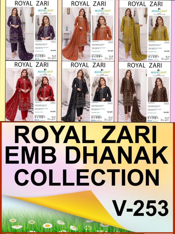 CHAMKI DHANAK 3PC JACQUARD ROYAL ZARI EMBROIDERED SEQUIN DESIGNER VOL-253-Set Of 06 Dresses