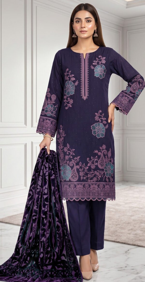 CHAMKI VELVET DHANAK 3PC CHAMBELI SEQUIN BORING EMBROIDEREY PALACHI SHAWL VOL-322-D-1045