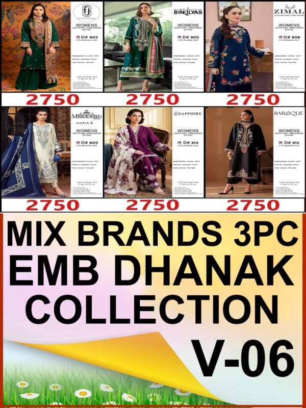 MIX BRANDS 3PC EMBROIDERED DHANAK DESIGNER COLLECTION VOL-06-Set Of 06 Dresses