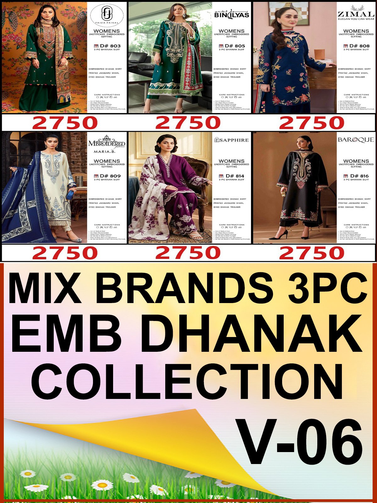 MIX BRANDS 3PC EMBROIDERED DHANAK DESIGNER COLLECTION VOL-06-Set Of 06 Dresses
