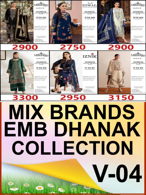 MIX BRANDS 3PC EMBROIDERED DHANAK DESIGNER COLLECTION VOL-04-Set Of 06 Dresses