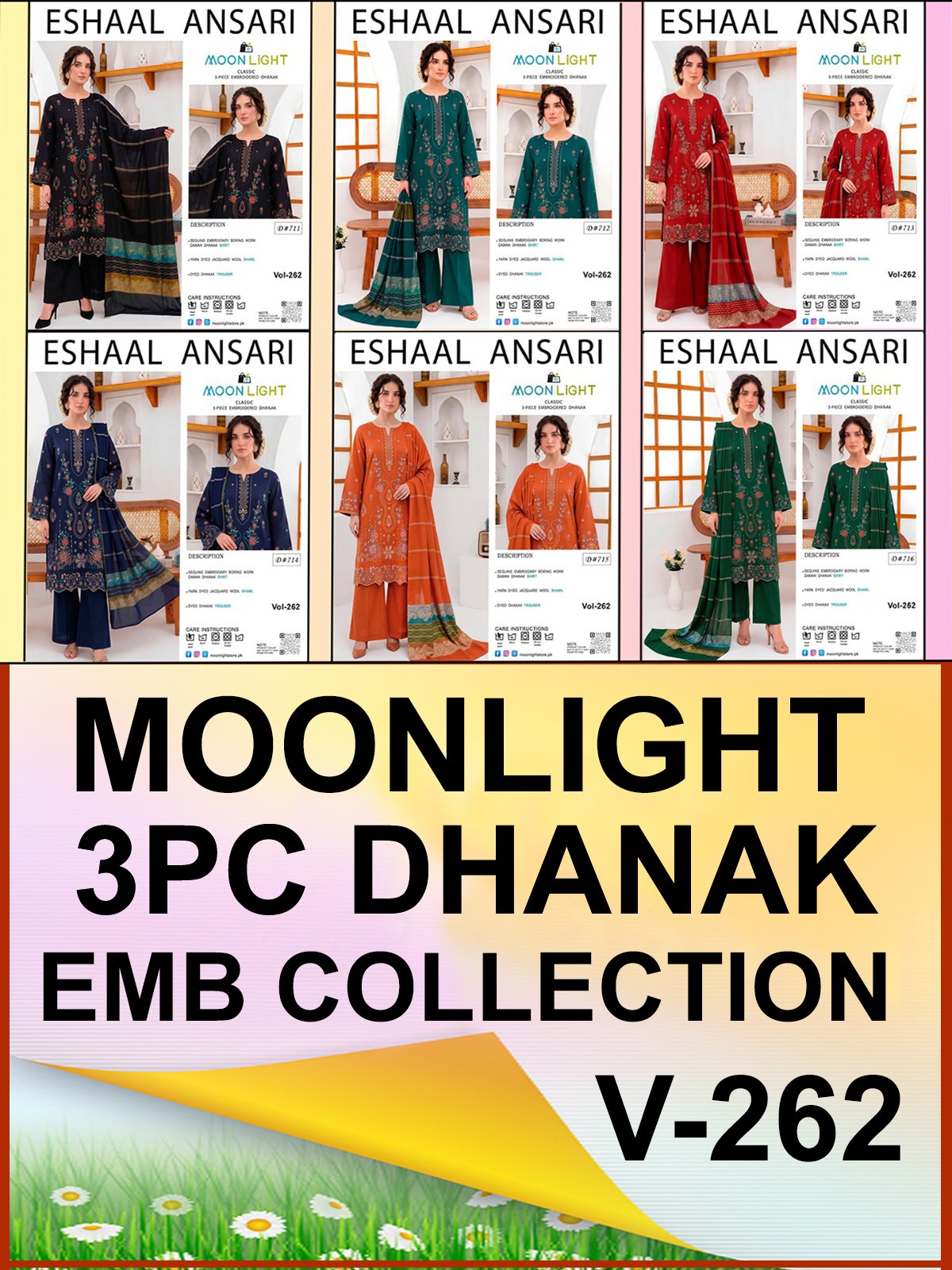 DHANAK 3PC BOARING WORK ESHAAL ANSARI EMBROIDERED SEQUIN DAMAN VOL-262-Set Of 06 Dresses