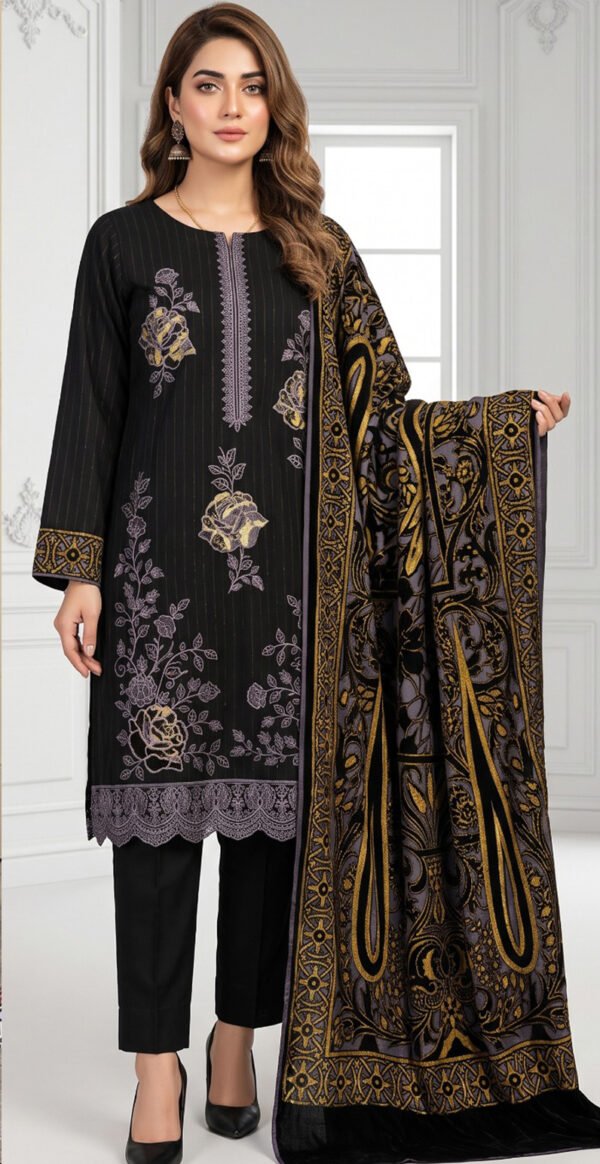 CHAMKI VELVET DHANAK 3PC CHAMBELI SEQUIN BORING EMBROIDEREY PALACHI SHAWL VOL-322-D-1042
