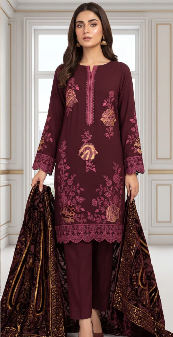 CHAMKI VELVET DHANAK 3PC CHAMBELI SEQUIN BORING EMBROIDEREY PALACHI SHAWL VOL-322-D-1041