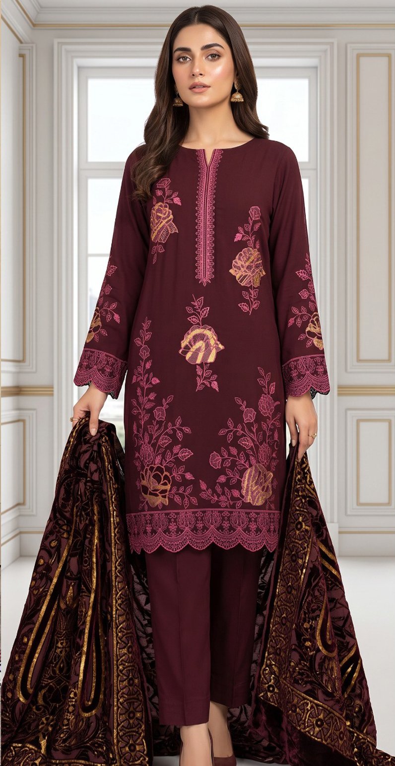 CHAMKI VELVET DHANAK 3PC CHAMBELI SEQUIN BORING EMBROIDEREY PALACHI SHAWL VOL-322-D-1041