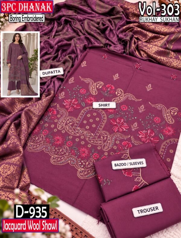 SLUB DHANAK 3PC RUKHAY SUKHAN SEQUIN BORING EMBROIDERED JACQUARD SHAWL VOL-303-Set Of 06 Dresses