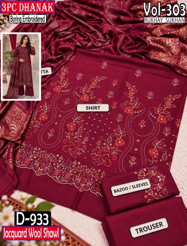 SLUB DHANAK 3PC RUKHAY SUKHAN SEQUIN BORING EMBROIDERED JACQUARD SHAWL VOL-303-Set Of 06 Dresses
