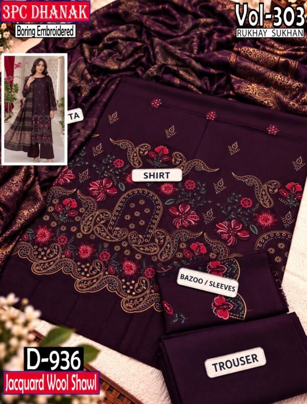 SLUB DHANAK 3PC RUKHAY SUKHAN SEQUIN BORING EMBROIDERED JACQUARD SHAWL VOL-303-Set Of 06 Dresses