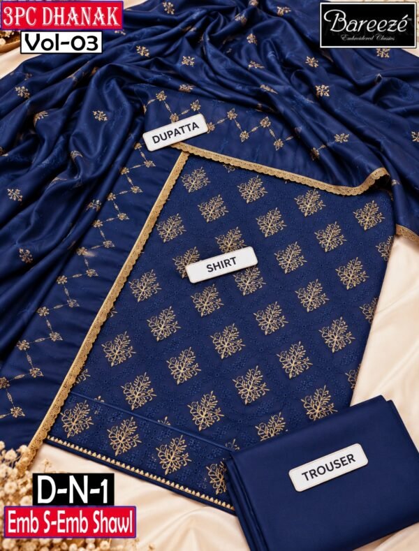 BAREEZE 3PC DHANAK EMBROIDERED DESIGNER COLLECTION VOL-03-D-N-01