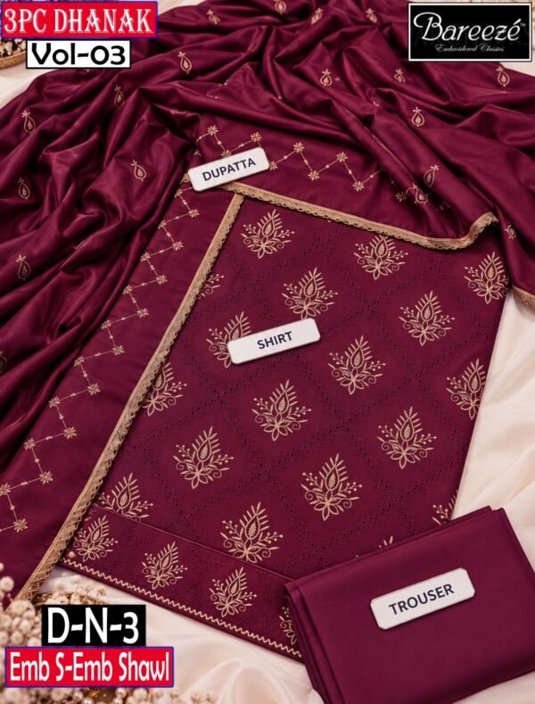 BAREEZE 3PC DHANAK EMBROIDERED DESIGNER COLLECTION VOL-03-Set Of 06 Dresses