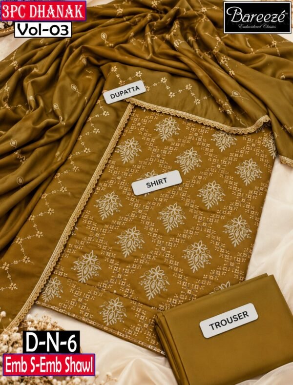 BAREEZE 3PC DHANAK EMBROIDERED DESIGNER COLLECTION VOL-03-Set Of 06 Dresses