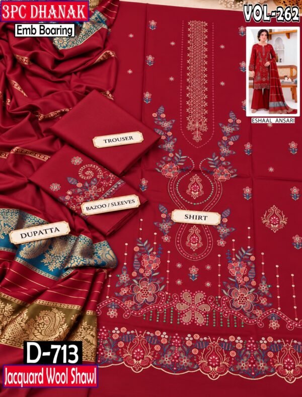 DHANAK 3PC BOARING WORK ESHAAL ANSARI EMBROIDERED SEQUIN DAMAN VOL-262-Set Of 06 Dresses