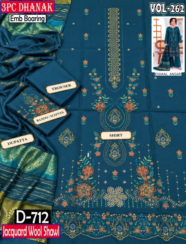 DHANAK 3PC BOARING WORK ESHAAL ANSARI EMBROIDERED SEQUIN DAMAN VOL-262-Set Of 06 Dresses