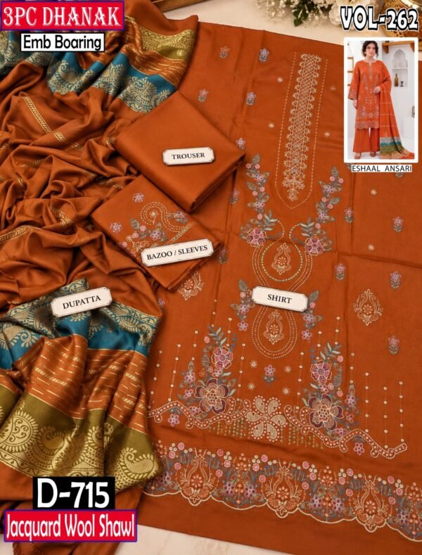 DHANAK 3PC BOARING WORK ESHAAL ANSARI EMBROIDERED SEQUIN DAMAN VOL-262-Set Of 06 Dresses