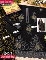 CHAMKI VELVET DHANAK 3PC CHAMBELI SEQUIN BORING EMBROIDEREY PALACHI SHAWL VOL-322-D-1042