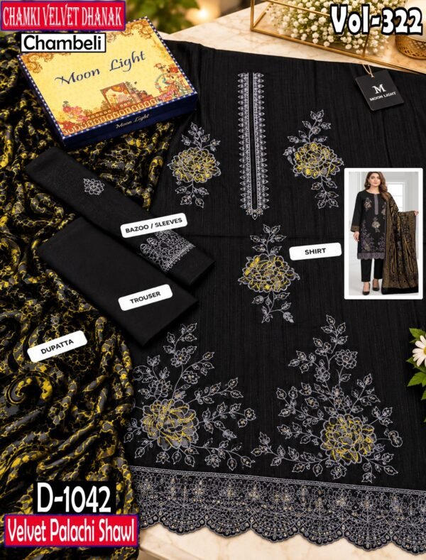 CHAMKI VELVET DHANAK 3PC CHAMBELI SEQUIN BORING EMBROIDEREY PALACHI SHAWL VOL-322-D-1042