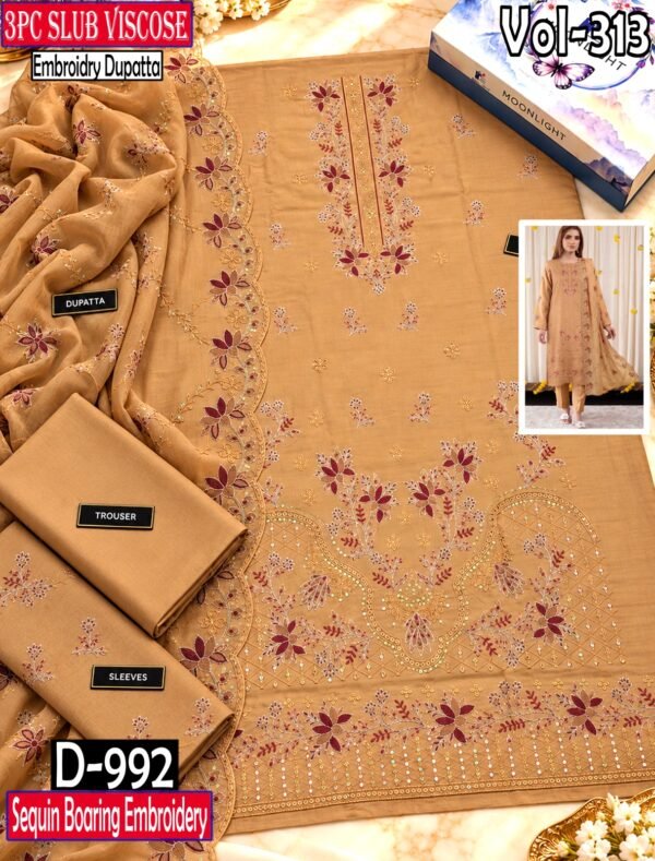 SLUB VISCOSE BOARING 3PC RUKHAY E BAHAR EMBROIDERED SEQUIN BAMBER DUPATTA VOL-313-D-992