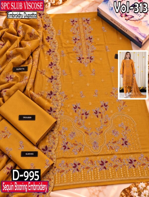 SLUB VISCOSE BOARING 3PC RUKHAY E BAHAR EMBROIDERED SEQUIN BAMBER DUPATTA VOL-313-D-995