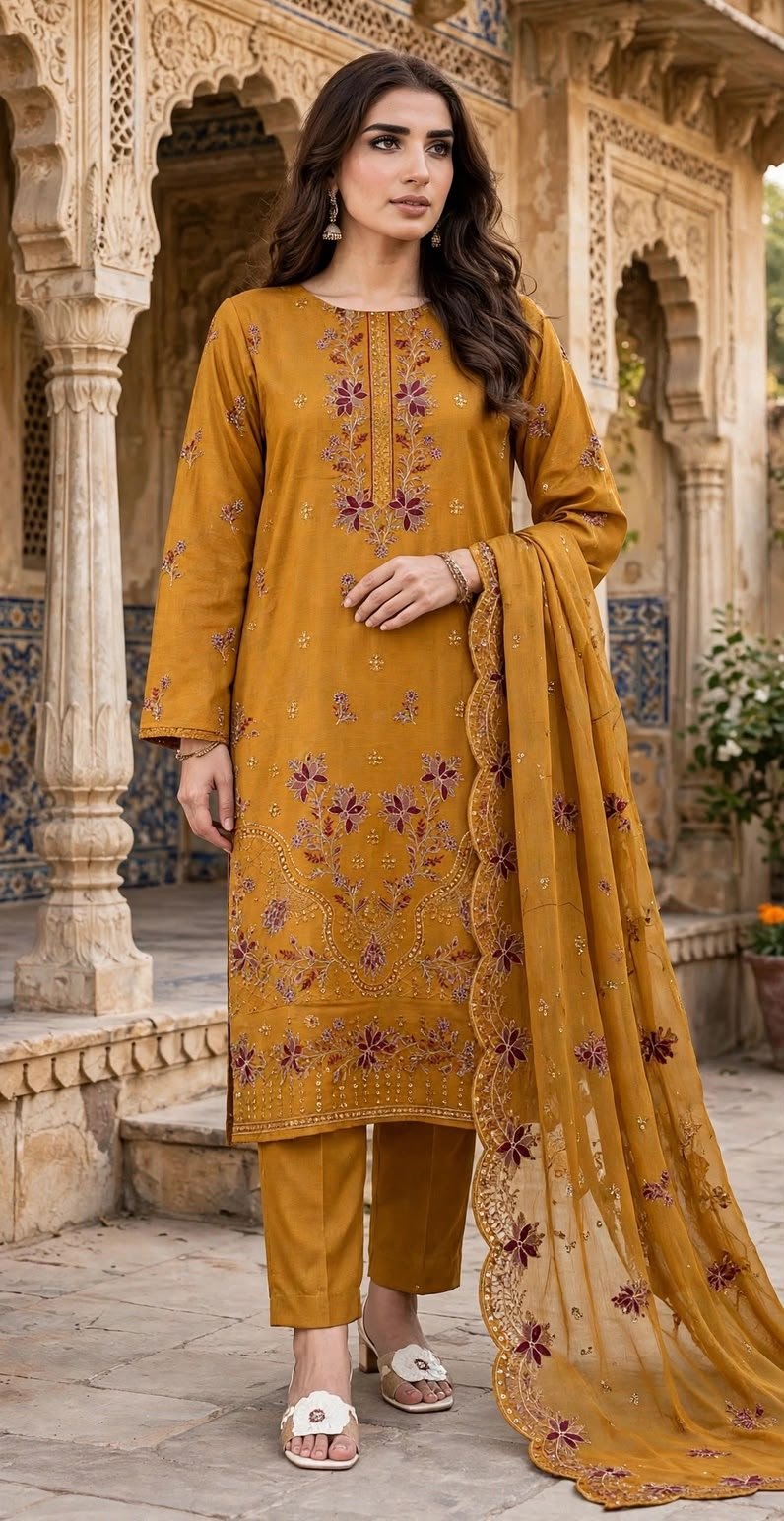 SLUB VISCOSE BOARING 3PC RUKHAY E BAHAR EMBROIDERED SEQUIN BAMBER DUPATTA VOL-313-D-995