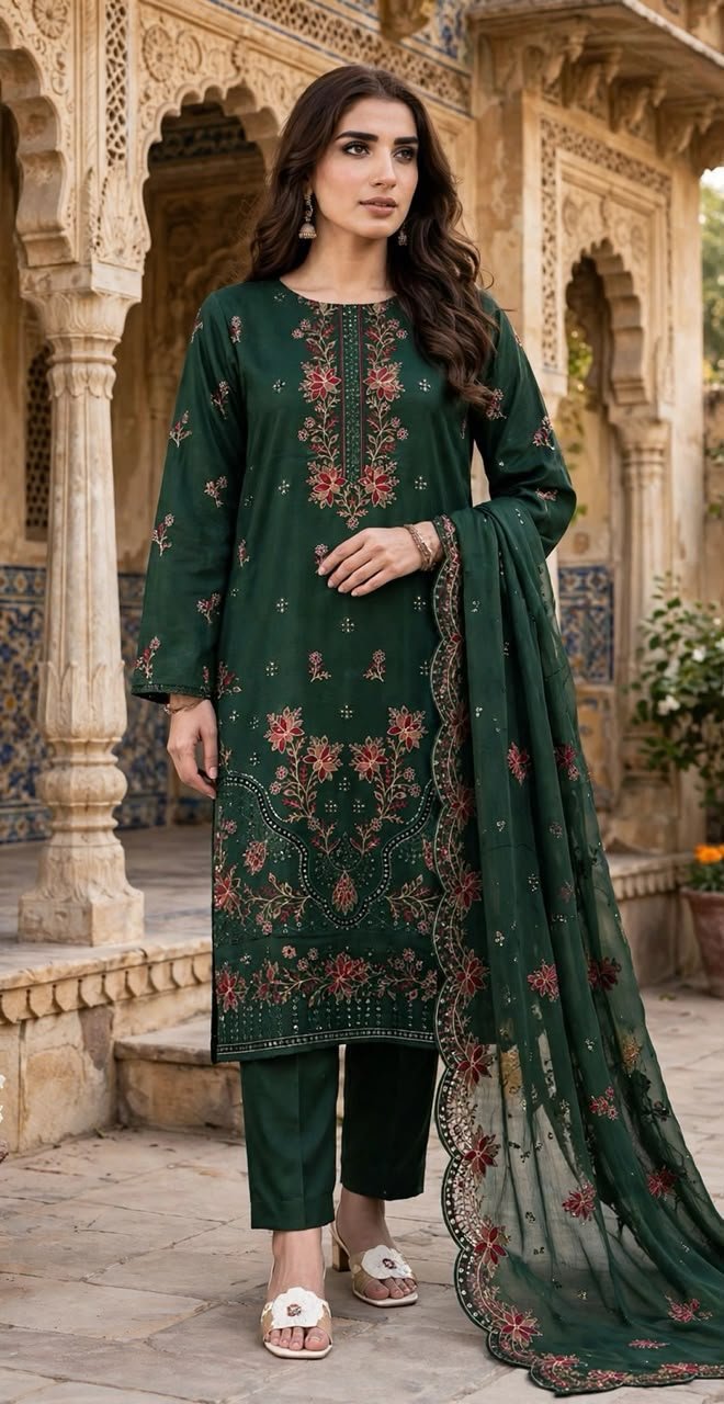 SLUB VISCOSE BOARING 3PC RUKHAY E BAHAR EMBROIDERED SEQUIN BAMBER DUPATTA VOL-313-D-991
