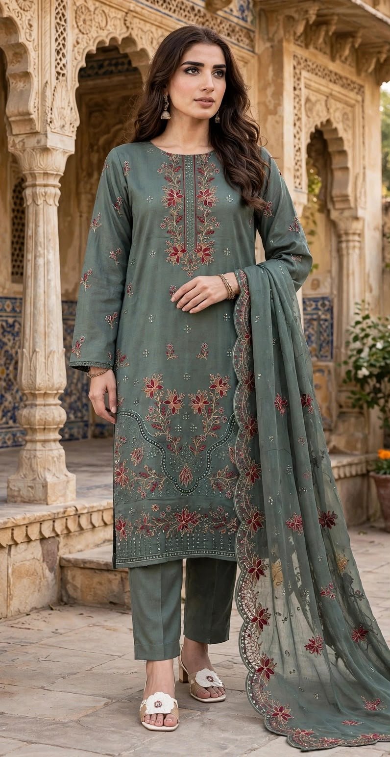 SLUB VISCOSE BOARING 3PC RUKHAY E BAHAR EMBROIDERED SEQUIN BAMBER DUPATTA VOL-313-D-996