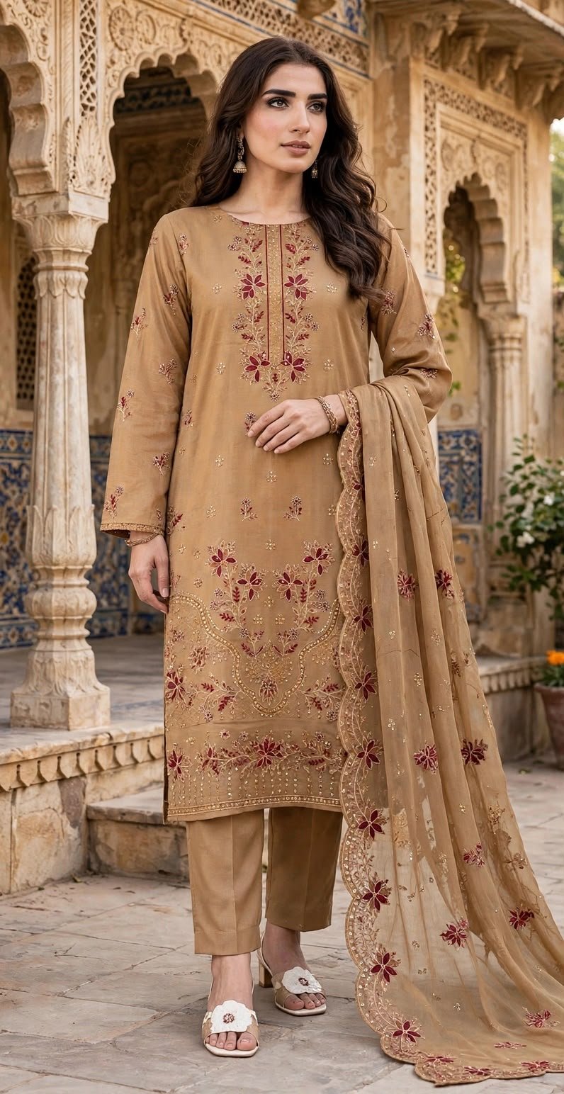 SLUB VISCOSE BOARING 3PC RUKHAY E BAHAR EMBROIDERED SEQUIN BAMBER DUPATTA VOL-313-D-992
