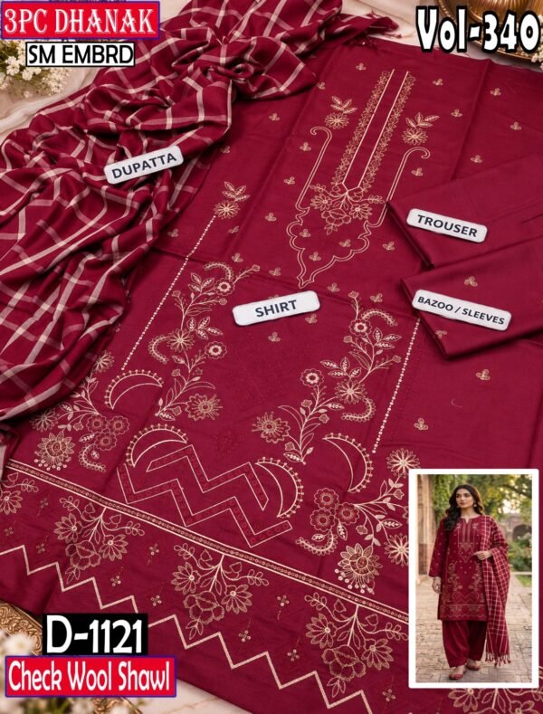 SM 3PC EMBROIDERED DHANAK PREMIUM CHECK WOOL SHAWL VOL-340-Set Of 06 Dresses