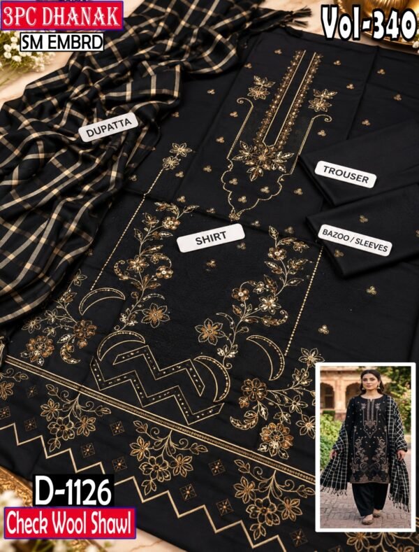 SM 3PC EMBROIDERED DHANAK PREMIUM CHECK WOOL SHAWL VOL-340-Set Of 06 Dresses